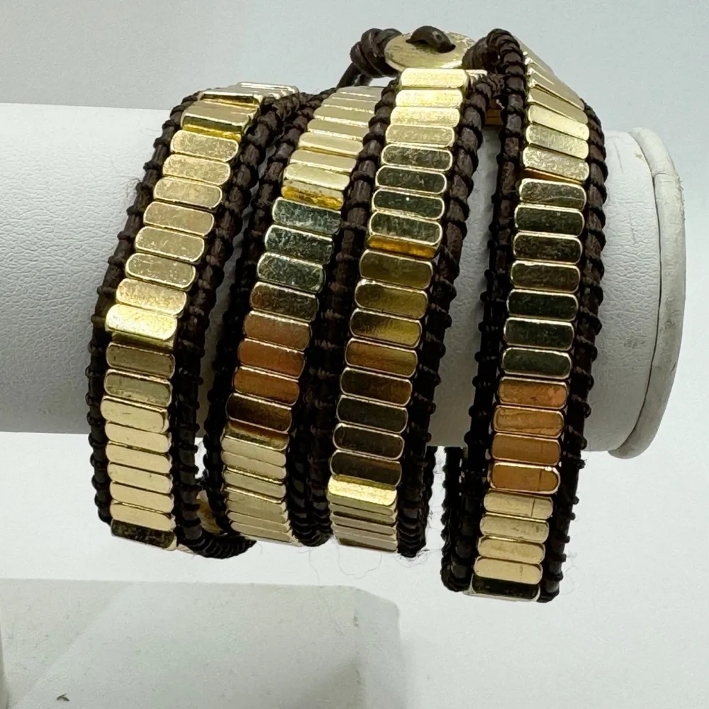 Marlyn Schiff gold tone bar bead brown leather wrap bracelet